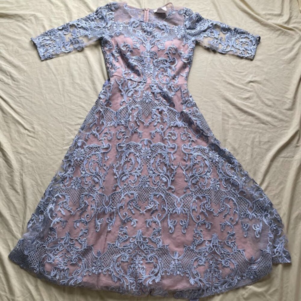 Anthropologie BHLDN | Lace Overlay Midi Dress | Nude & Blue | Size 8 | NWOT - Picture 4 of 6